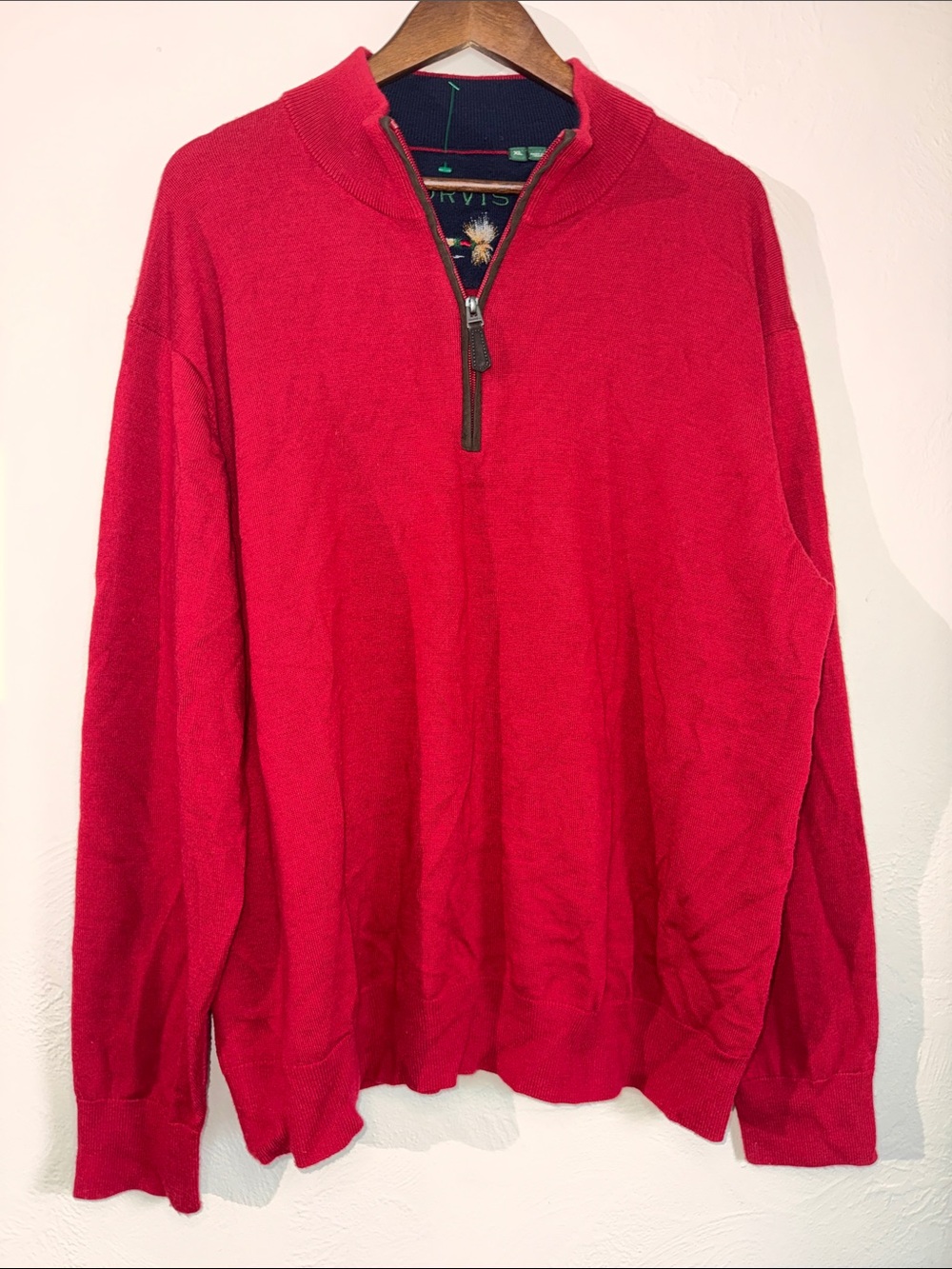 Orvis Men’s XL 100% Merino Wool Red Quarter Zip Fly Fishing Sweater